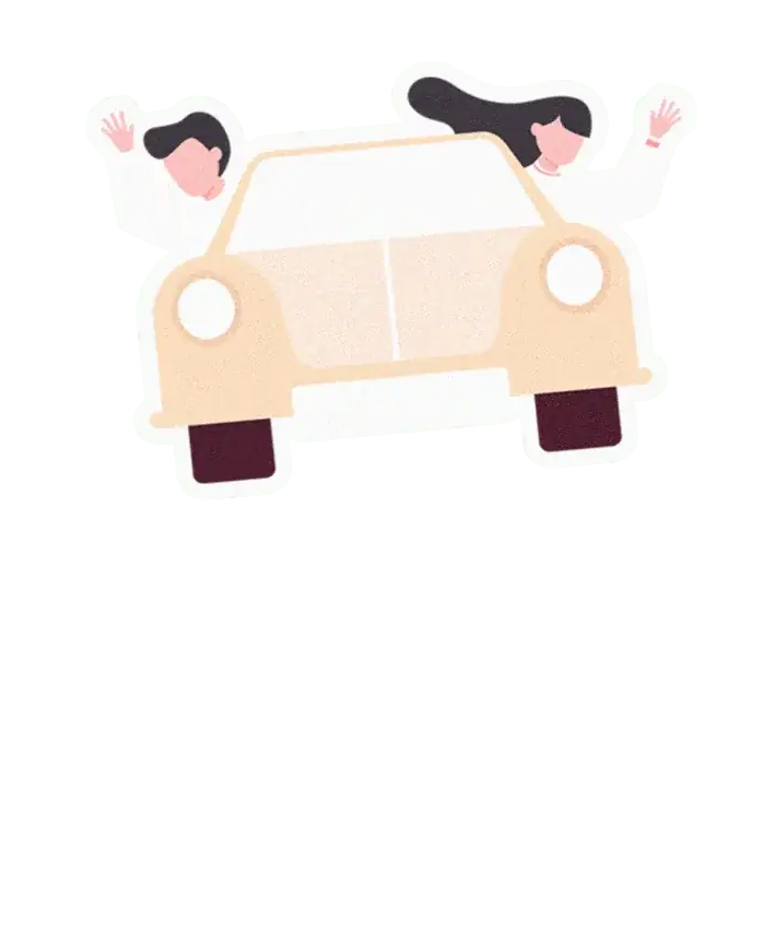 Illustration of two travellers waving from the windows of a cream car