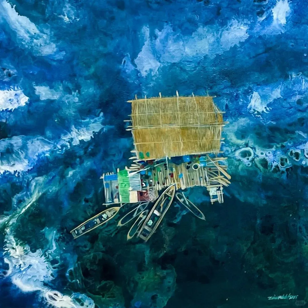Painting seen from above of a thatched stilt hut and slender boats on deep blue water.