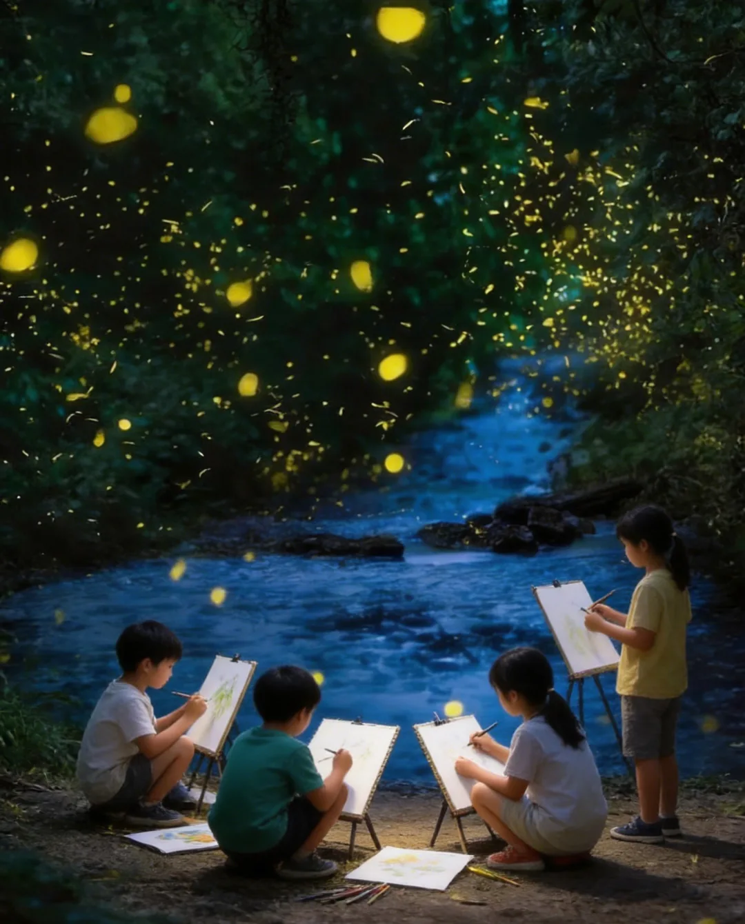 Four children painting at easels beside a stream while fireflies swarm through the dark trees.