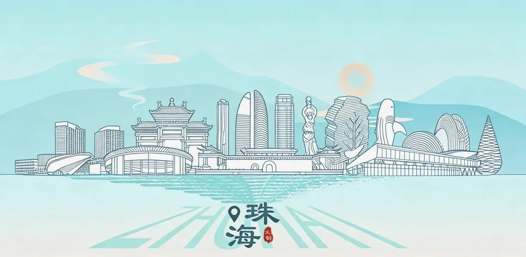Line drawing of the Zhuhai skyline with the Fisher Girl statue and the Zhuhai Grand Theatre shells.