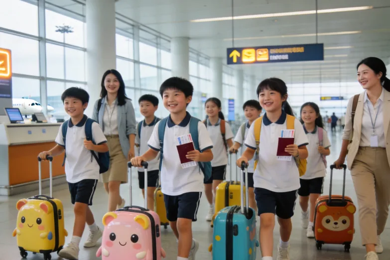 Children with passports and cartoon suitcases walking through an airport terminal with two group leaders.