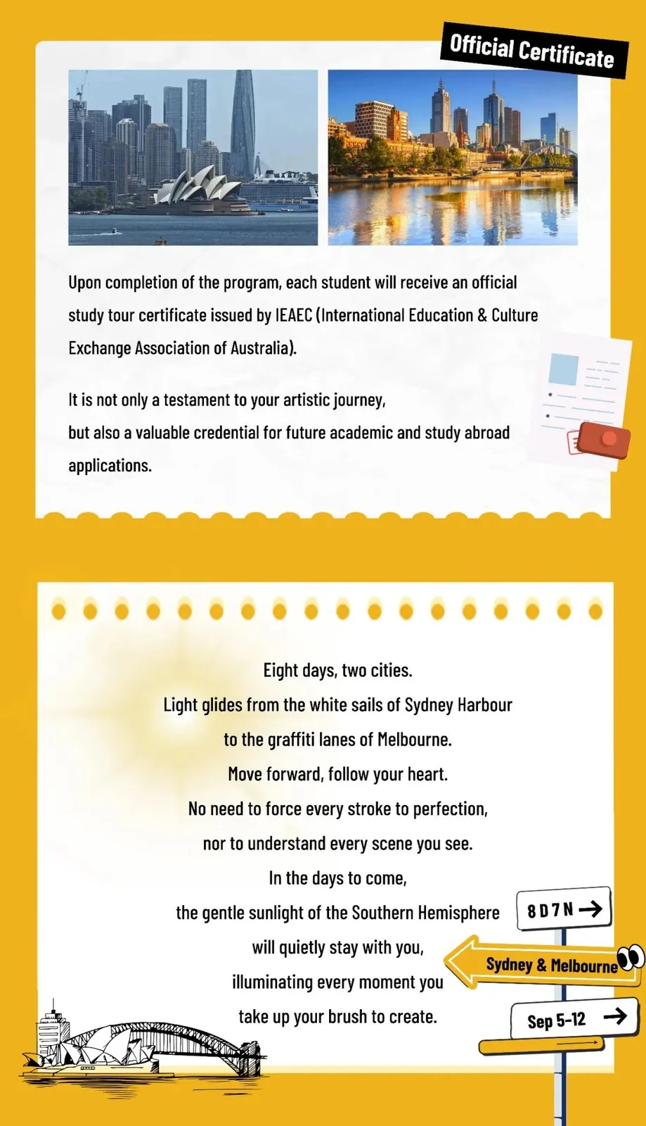 Official certificate: each student receives an IEAEC study tour certificate, with a closing note on eight days across two cities.