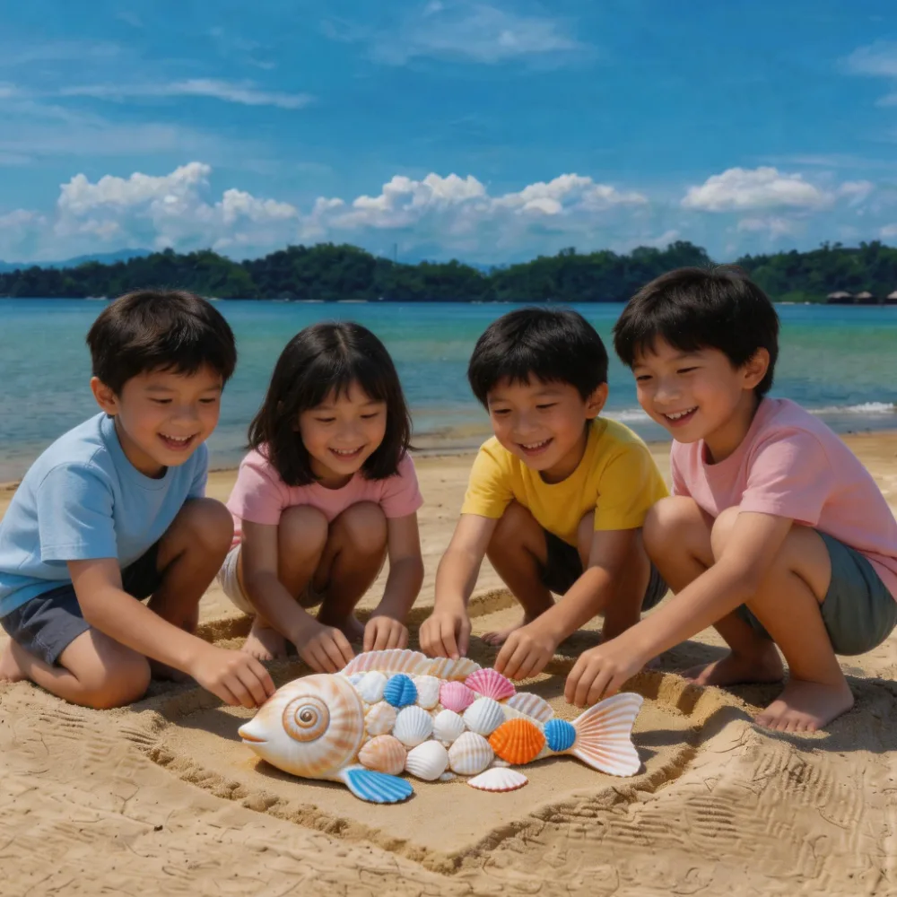 Four children crouch on the sand arranging seashells into the shape of a fish.