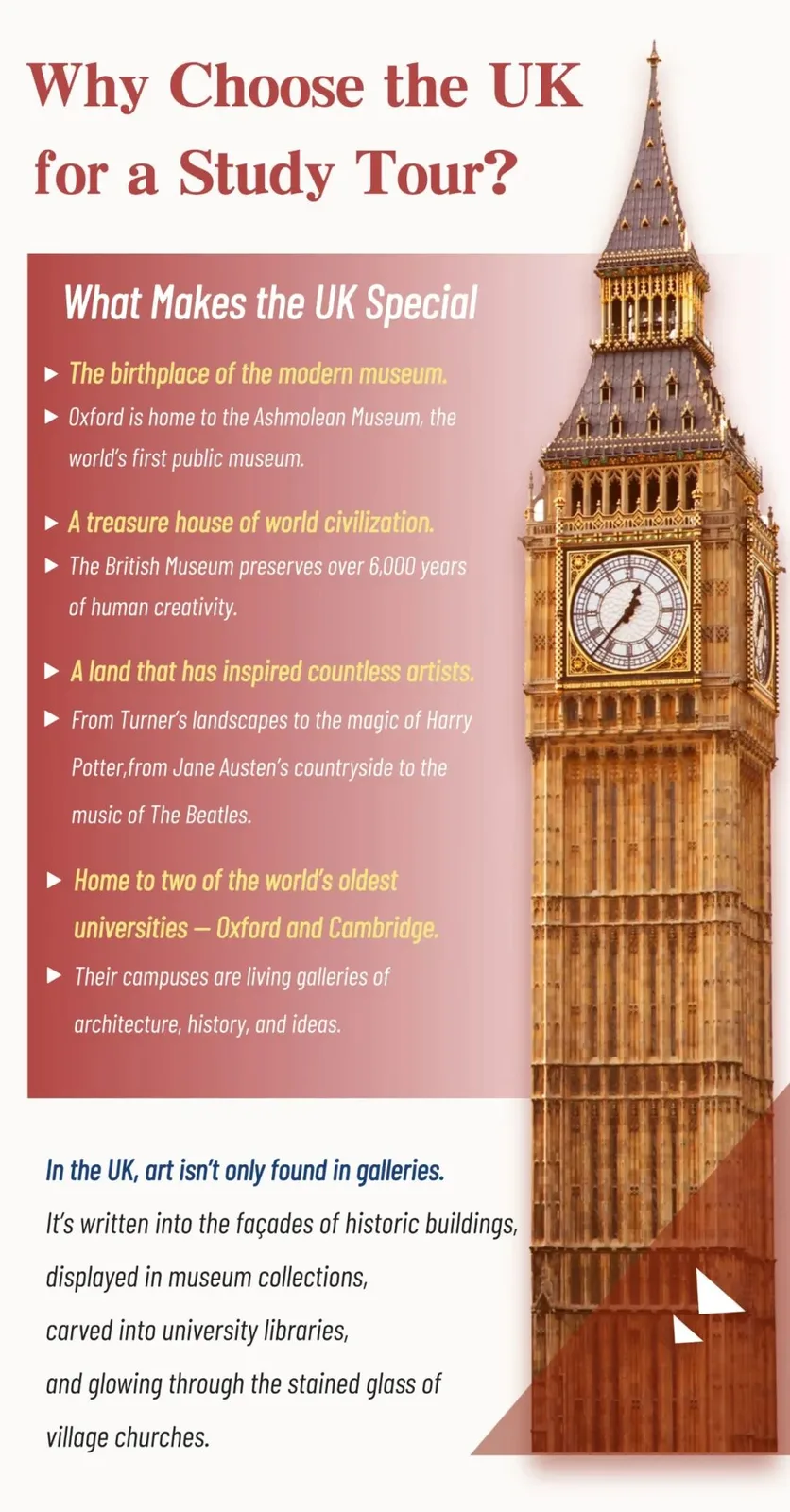 Why Choose the UK for a Study Tour? Birthplace of the modern museum, the British Museum, a land that inspired artists, Oxford and Cambridge.