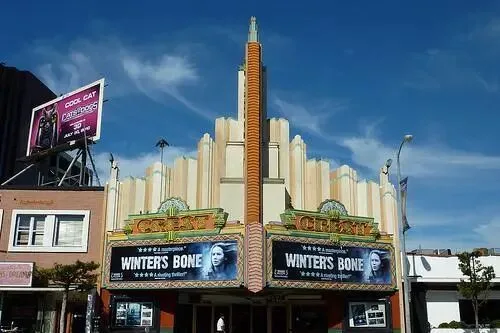 An Art Deco cinema marquee in Westwood Village advertising the film Winter's Bone.