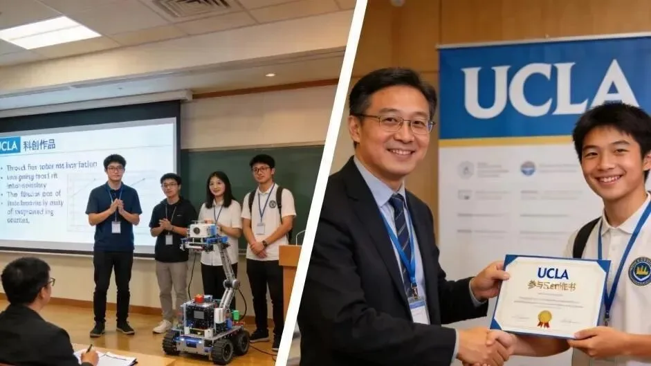 Students presenting a robot project, and a student receiving a UCLA participation certificate.