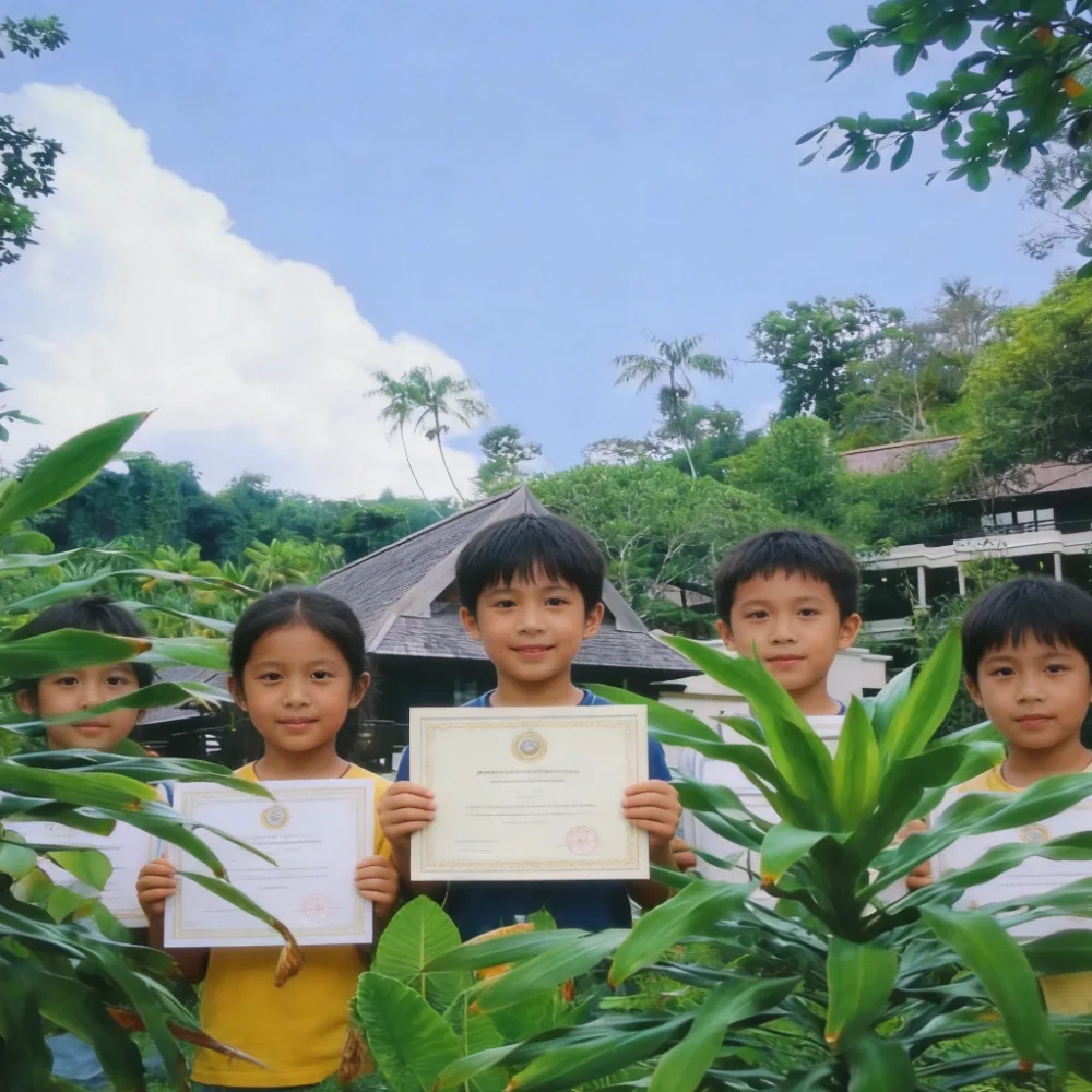 Five children holding certificates in front of a rainforest lodge.
