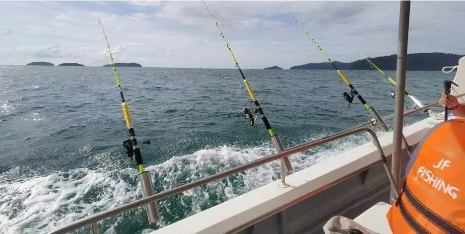 Four trolling rods angled off the stern of a fishing boat, with low islands on the horizon.