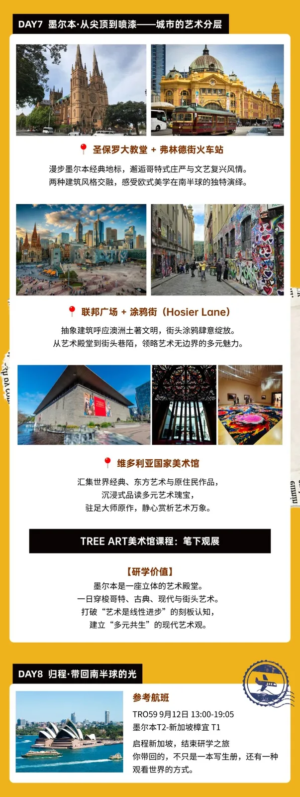 DAY7 墨尔本：圣保罗大教堂、弗林德街火车站、联邦广场与涂鸦街、维多利亚国家美术馆；DAY8 归程航班 TR059