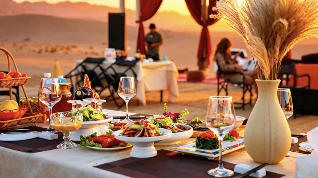 Dinner table laid with salads, wine glasses and a pampas-grass vase in the desert at sunset