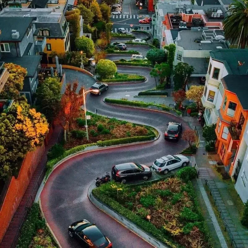 Cars winding down Lombard Street's eight hairpin bends between flower beds and houses.