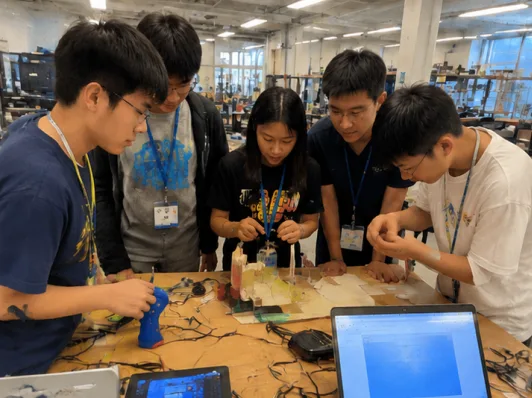 Five students assembling a wired prototype with a glue gun at a makerspace workbench.