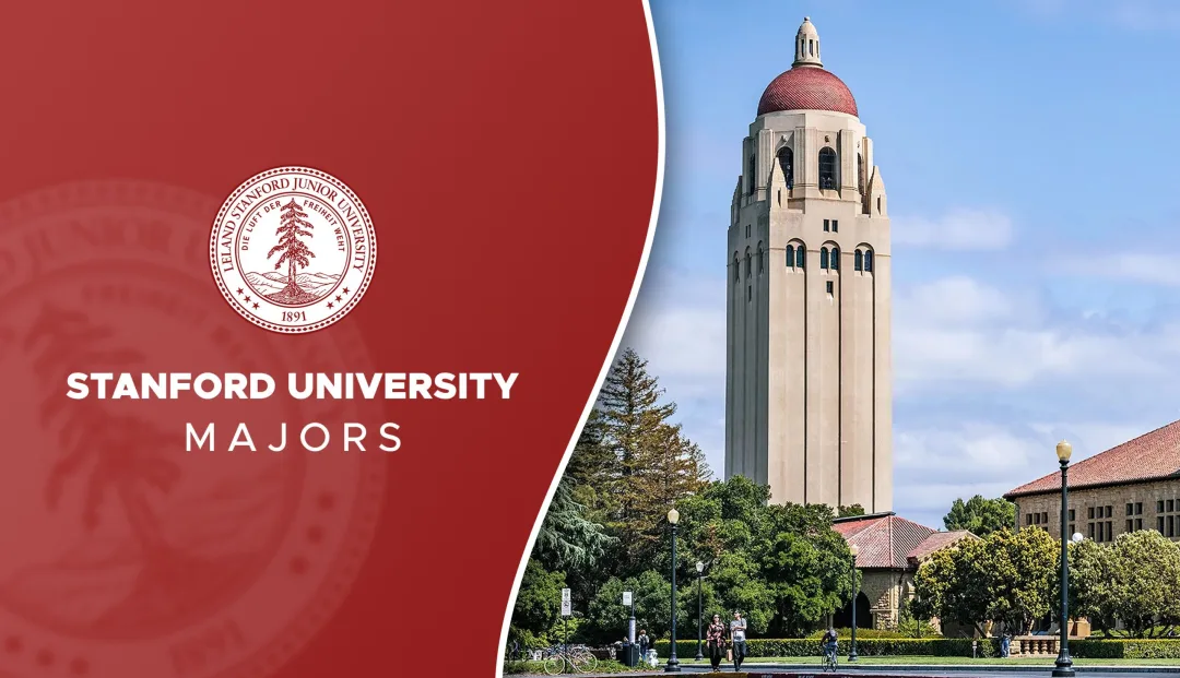 「STANFORD UNIVERSITY MAJORS」宣传图:左侧红色底版上是斯坦福大学校徽,右侧为校园中的胡佛塔。