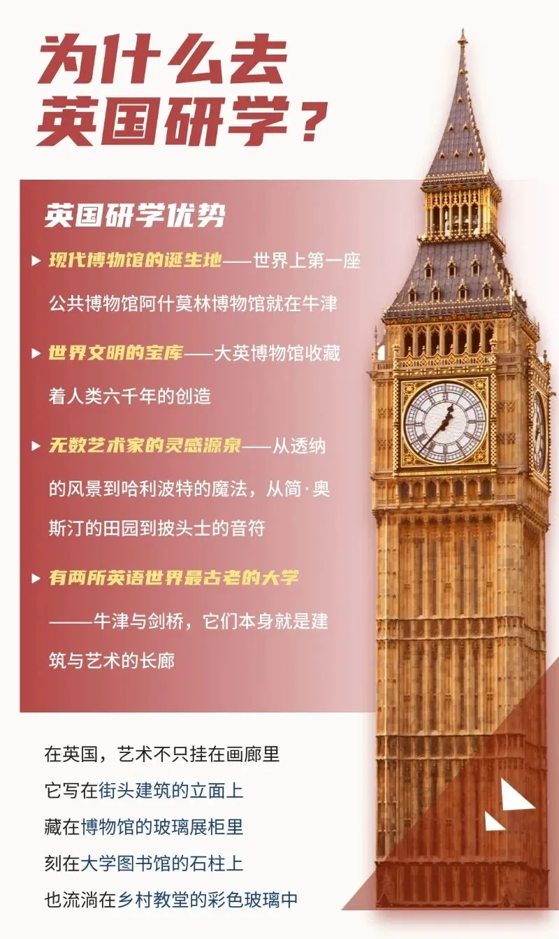 为什么去英国研学？英国研学优势：现代博物馆的诞生地、世界文明的宝库、无数艺术家的灵感源泉、牛津与剑桥两所最古老的大学