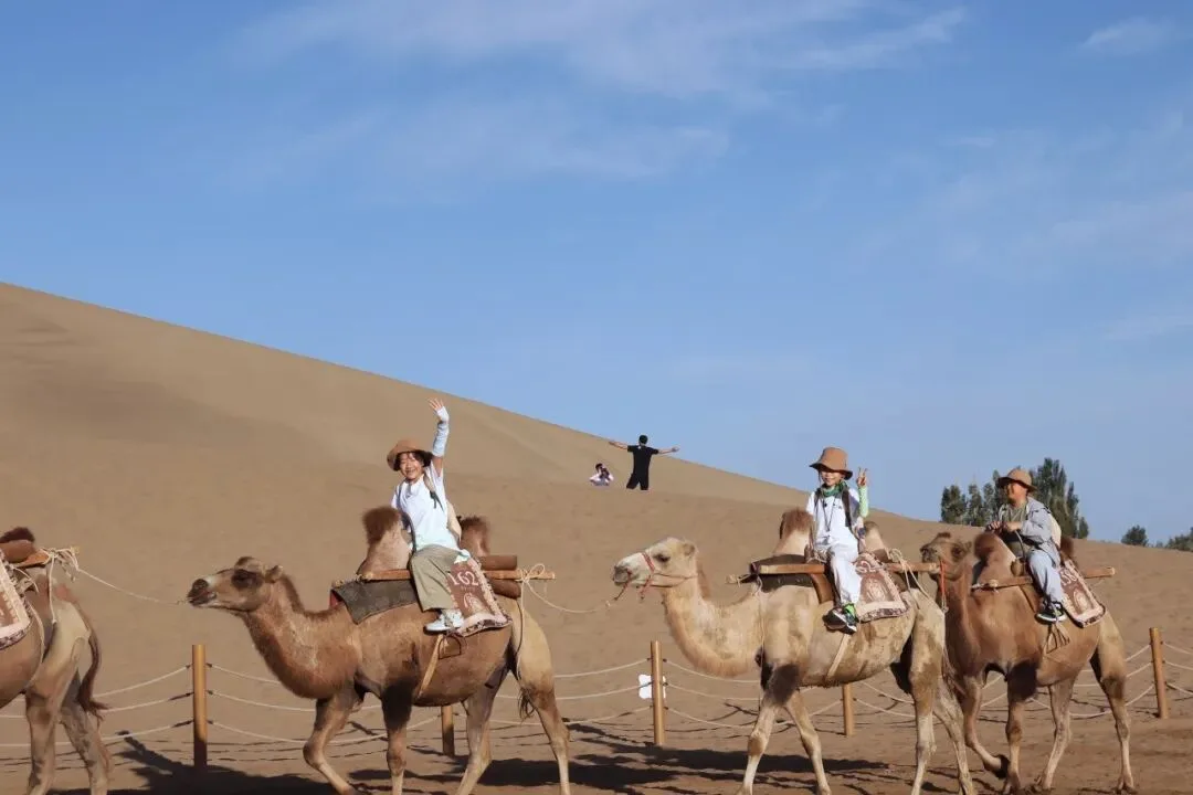 Children riding camels in a line along the foot of a dune, one waving