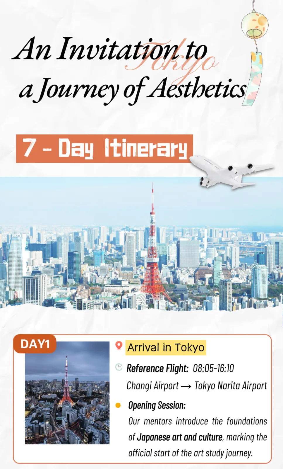 An Invitation to a Tokyo Journey of Aesthetics, 7-day itinerary. Day 1 arrival in Tokyo, reference flight 08:05-16:10 from Changi Airport to Tokyo Narita Airport, then the opening session on Japanese art and culture.